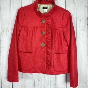 J. Crew Womens Blazer Jacket Size 0 Wool Ruffles Coral Red 3 Button